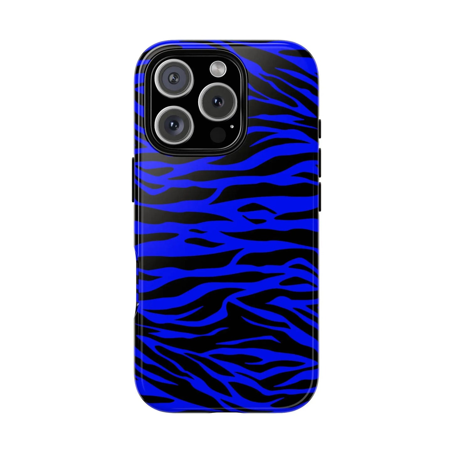 Back of a glossy blue wild tiger print phone case cover with vibrant blue and black zebra-striped design