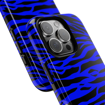 Back side of a vibrant blue wild tiger print phone case cover with glossy finish for iphone galaxy and pixel phones