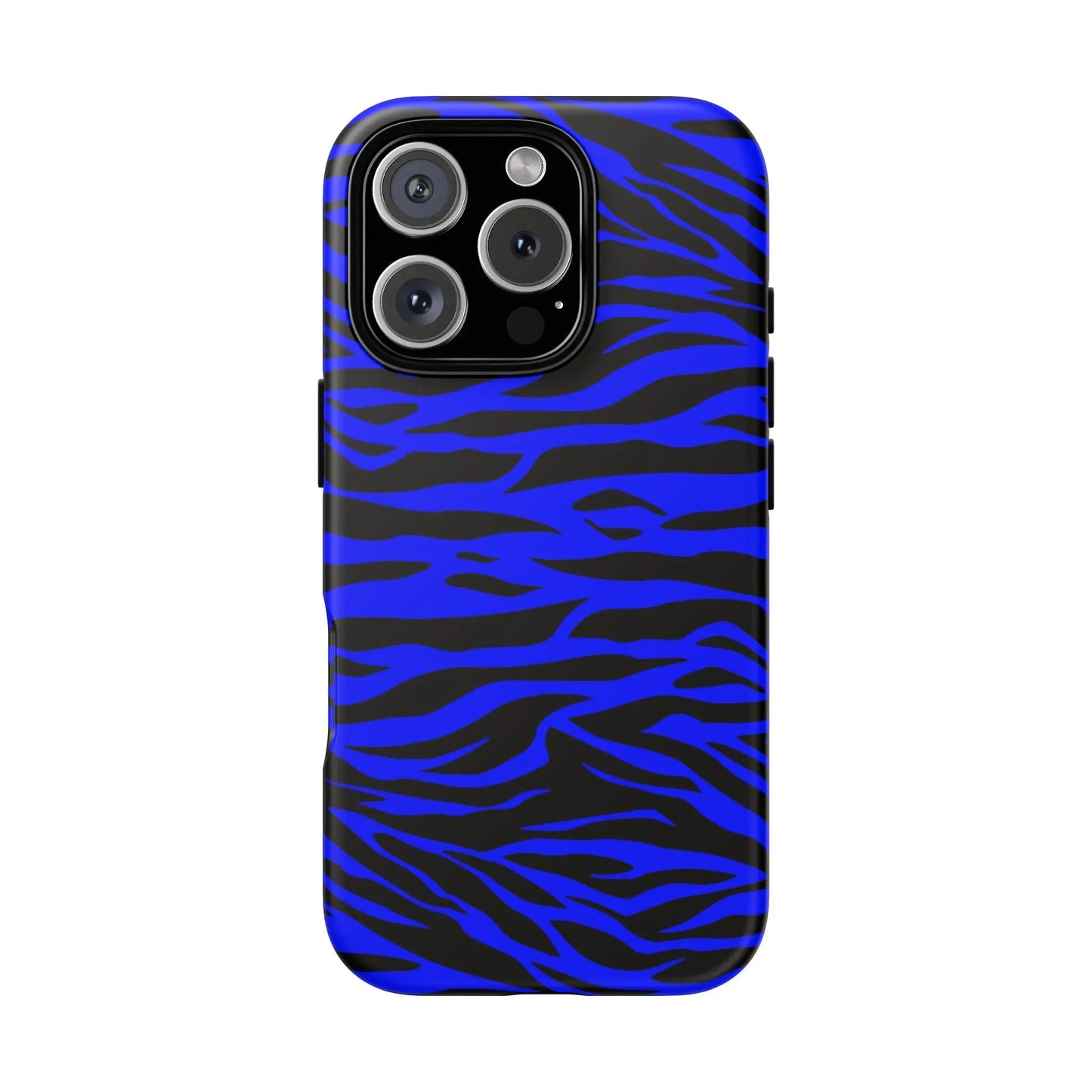 Blue wild tiger print phone case cover with vibrant blue and black zebra-striped design for iphone galaxy and pixel phones back side