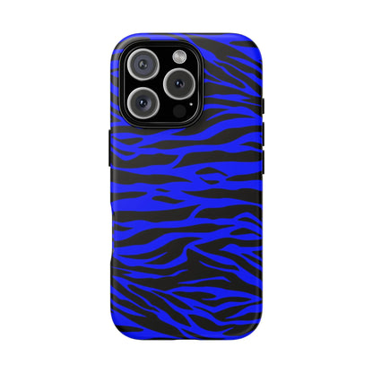 Blue wild tiger print phone case cover with vibrant blue and black zebra-striped design for iphone galaxy and pixel phones back side