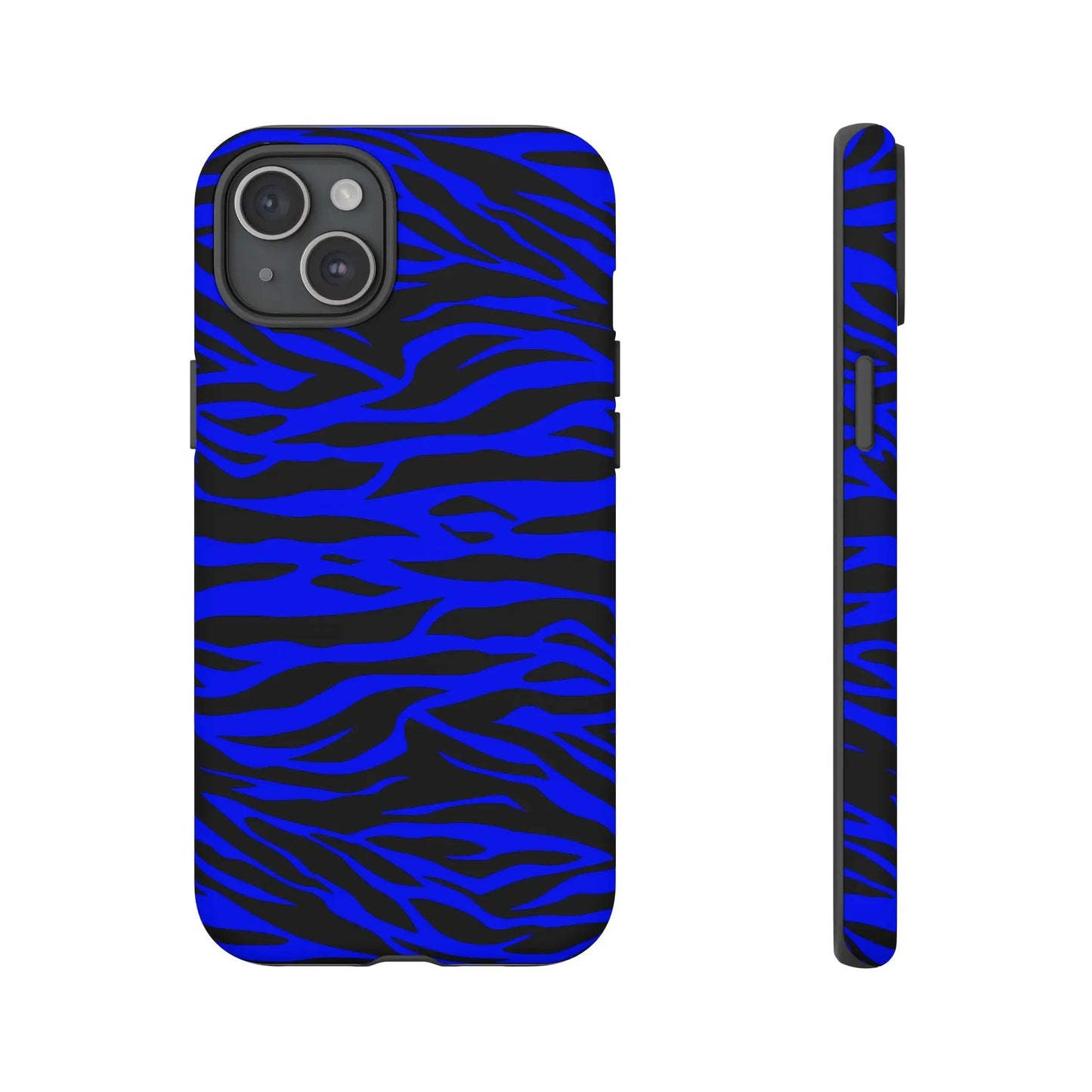 Blue wild tiger print phone case cover for iphone galaxy and pixel featuring vibrant blue and black zebra stripes on back