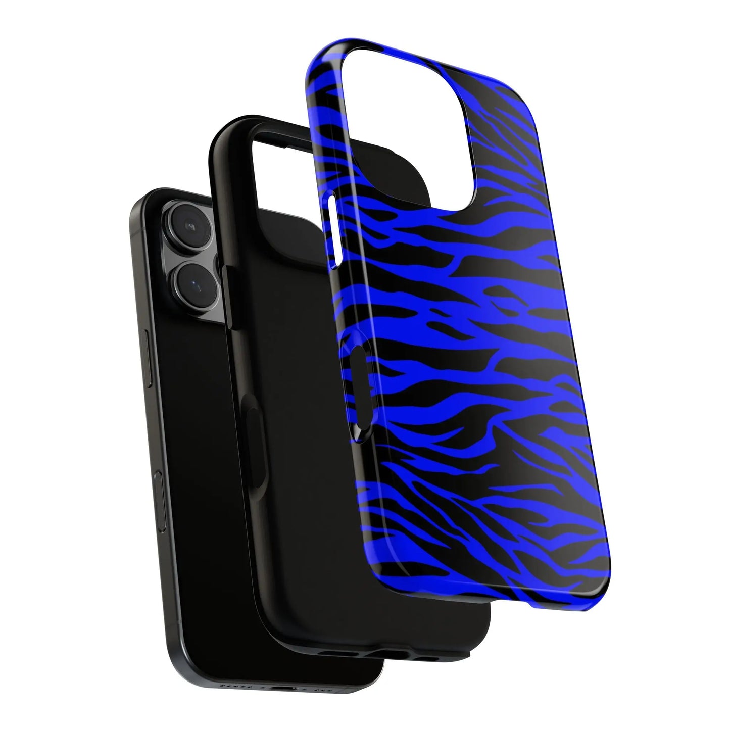 Blue wild tiger print phone case cover with vibrant blue and black zebra stripes and glossy finish shown from back side