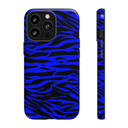 Back view of a vibrant blue wild tiger print phone case with zebra stripes for iphone 13 pro