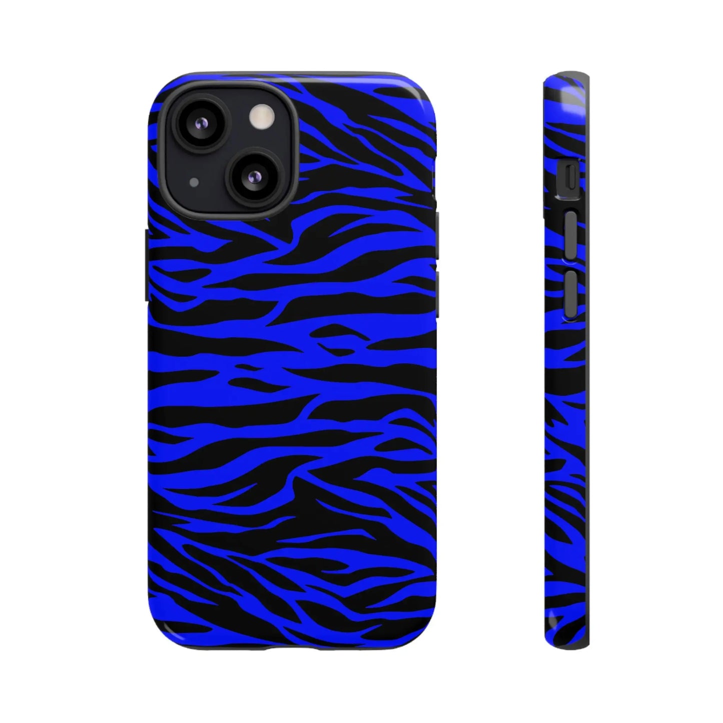 Blue wild tiger print phone case cover for iPhone Galaxy and Pixel with vibrant blue and black zebra-striped glossy finish back