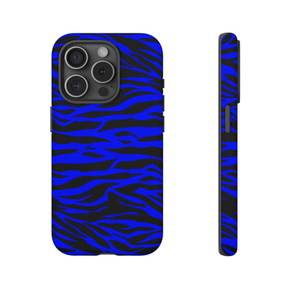 Back side of vibrant blue wild tiger print phone case with black stripes for iphone 13 pro