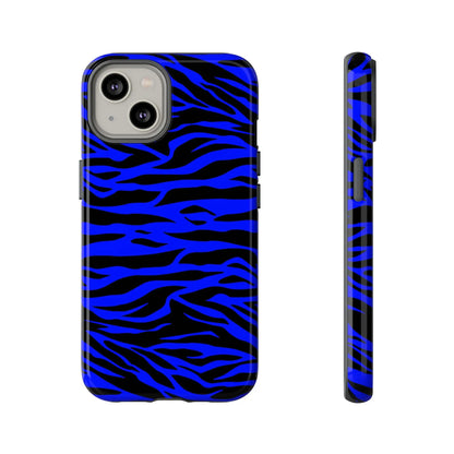 Back side of a sleek protective phone case cover with vibrant blue wild tiger print for iphone galaxy and pixel phones