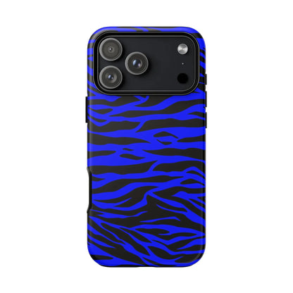 Blue wild tiger print phone case cover for iPhone Galaxy and Pixel with vibrant blue and black zebra stripes back view