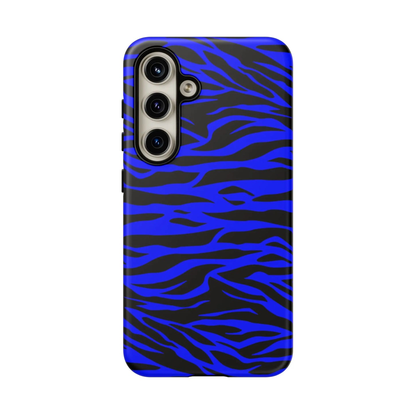 Blue wild tiger print phone case cover with vibrant blue and black stripes and glossy finish shown from the back side