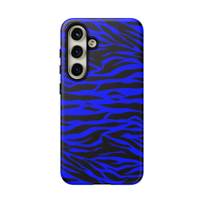 Blue wild tiger print phone case cover with vibrant blue and black stripes and glossy finish shown from the back side
