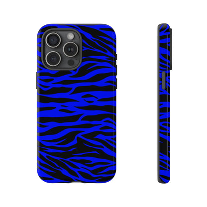 Blue wild tiger print phone case cover with vibrant blue and black stripes and sleek protective design shown from the back