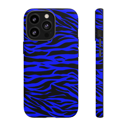 Blue wild tiger print phone case with vibrant blue and black stripes and sleek protective design for iPhone and Galaxy