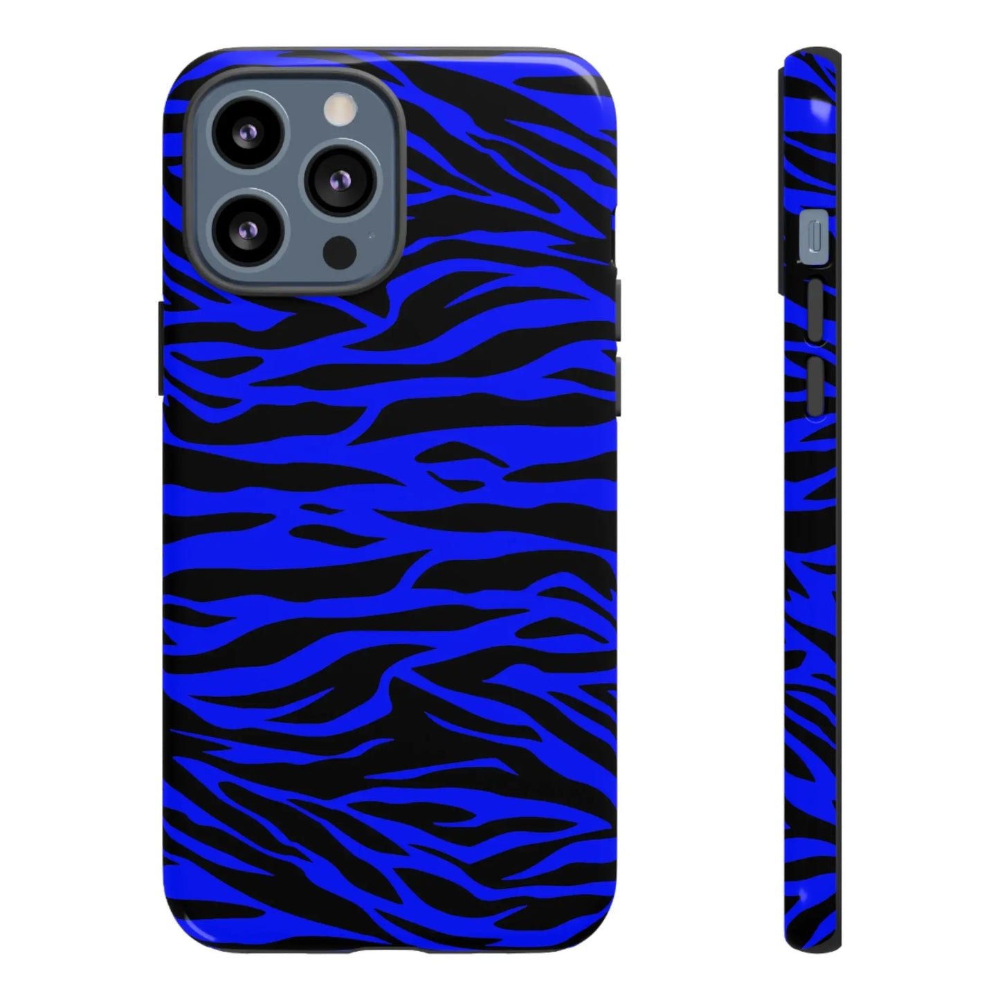 Back of vibrant blue wild tiger print phone case cover with black stripes for iphone 12 pro max