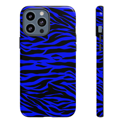 Back of vibrant blue wild tiger print phone case cover with black stripes for iphone 12 pro max