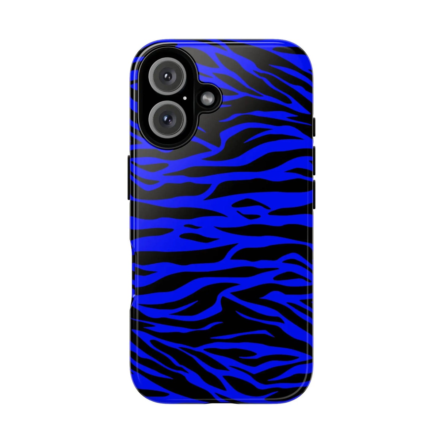 Back of a vibrant blue wild tiger print phone case cover with glossy finish for iPhone Galaxy S and Pixel phones