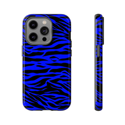 Blue wild tiger print phone case cover with vibrant blue and black zebra stripes and sleek protective design back view