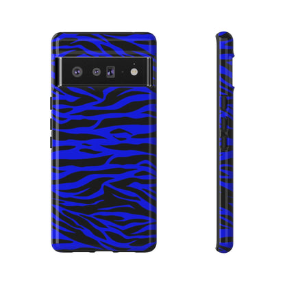 Back side of vibrant blue wild tiger print phone case for google pixel 6 pro with black zebra pattern design
