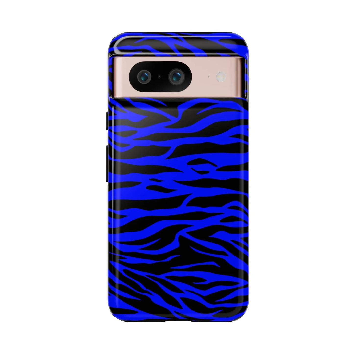 Back side of a vibrant blue wild tiger print phone case with glossy black stripes for iPhone Galaxy S and Pixel phones