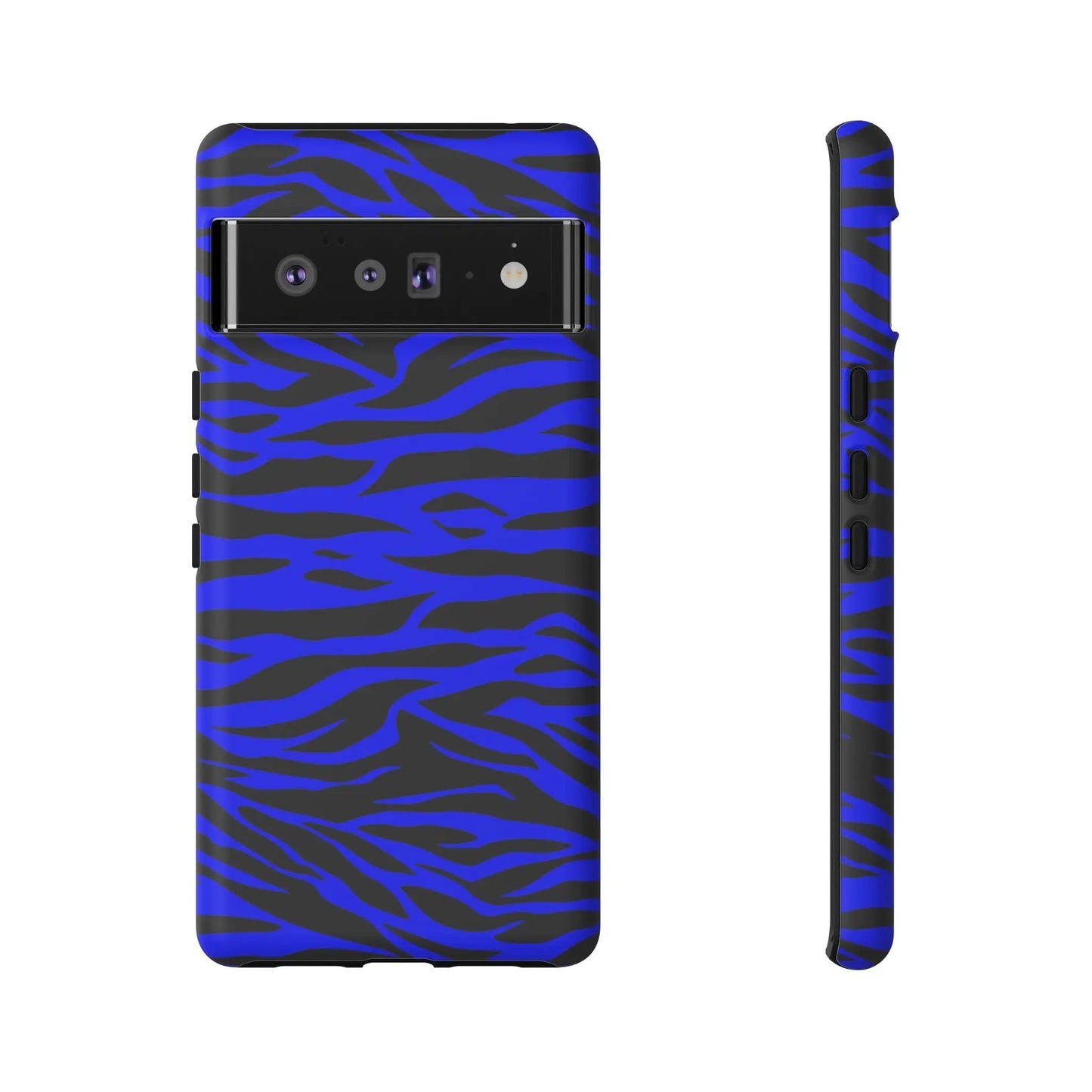 Blue wild tiger print phone case cover showing the back side with blue and black zebra print for iPhone Galaxy S and Pixel phones