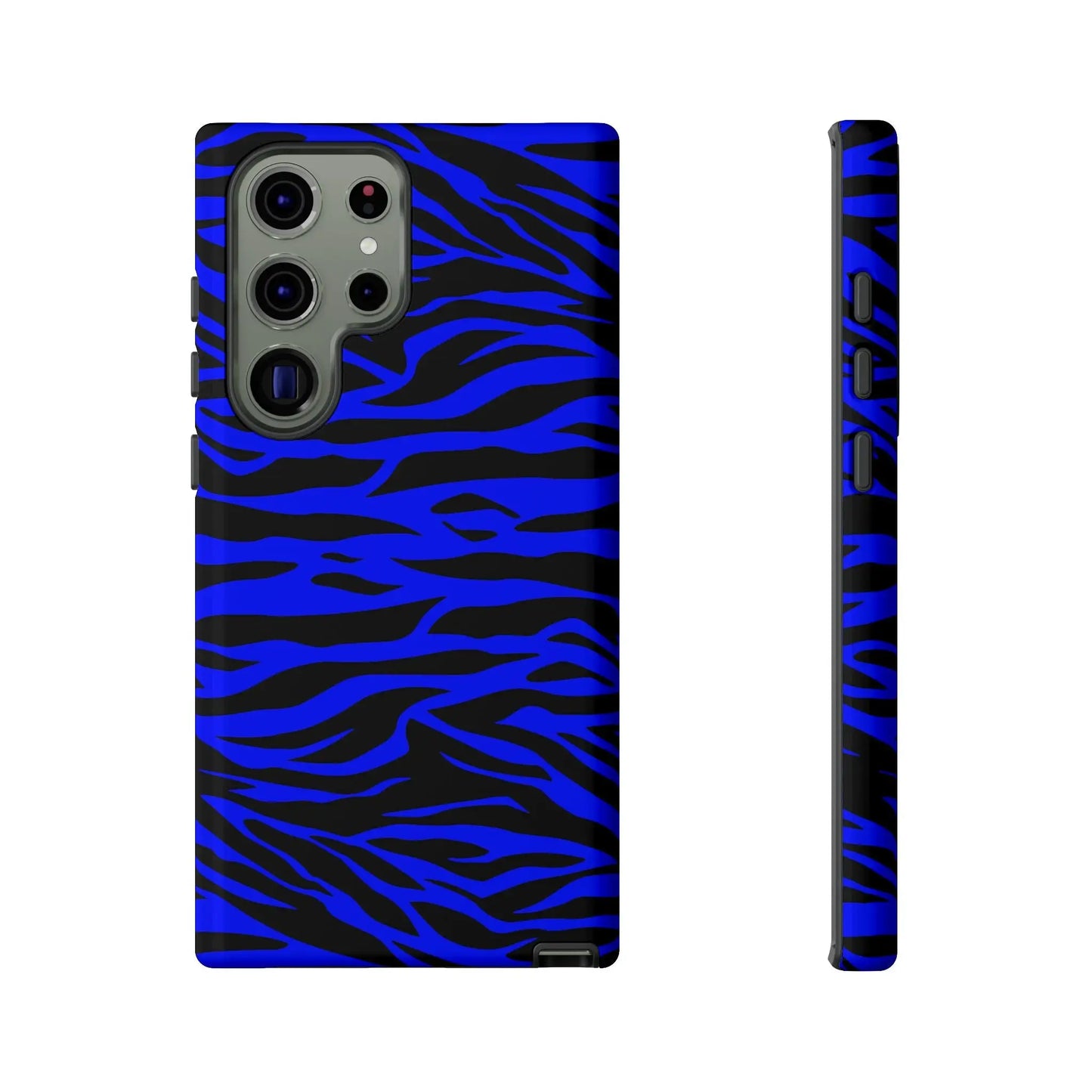 Back side of vibrant blue wild tiger print phone case cover for Samsung Galaxy S23 Ultra with black zebra stripes