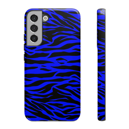 Blue wild tiger print phone case cover with vibrant blue and black zebra stripes for samsung galaxy s21 back side