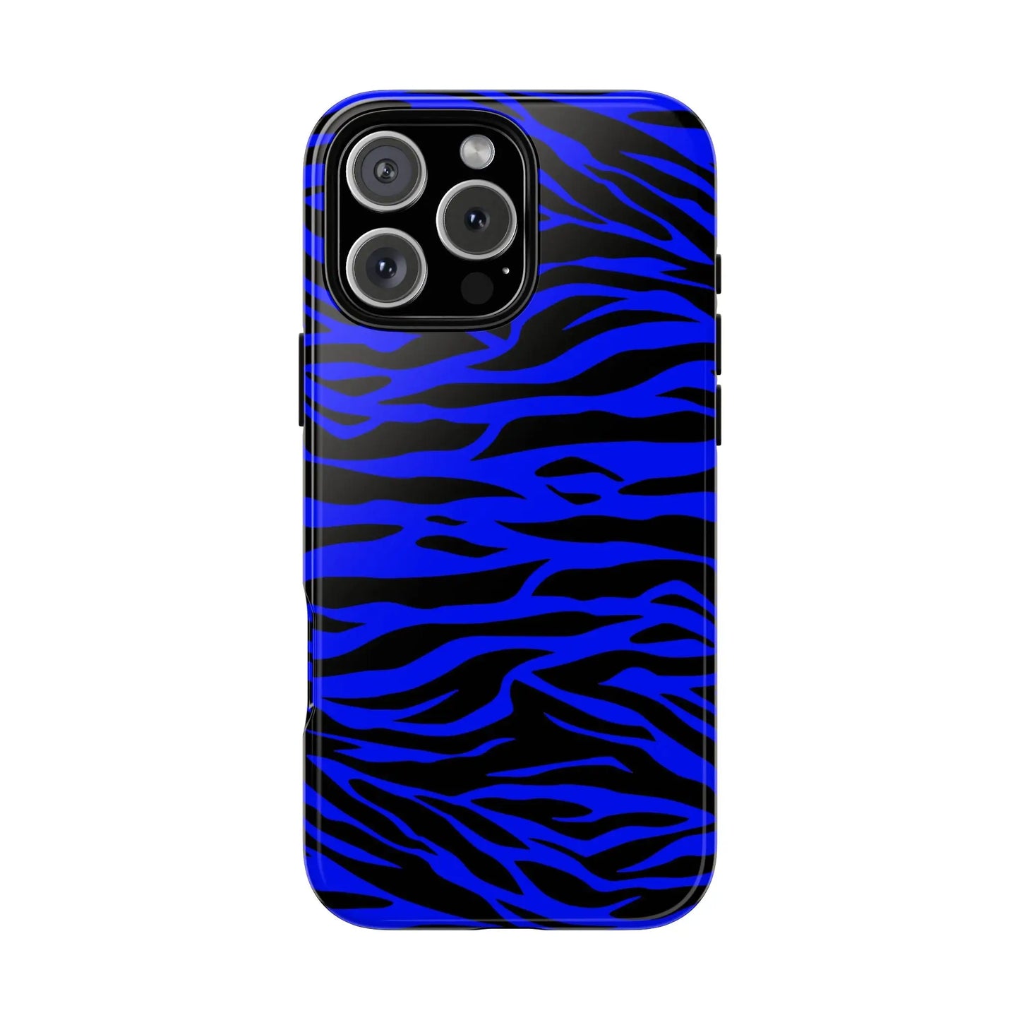 Vibrant blue wild tiger print phone case cover with glossy finish and zebra stripes shown from the back side