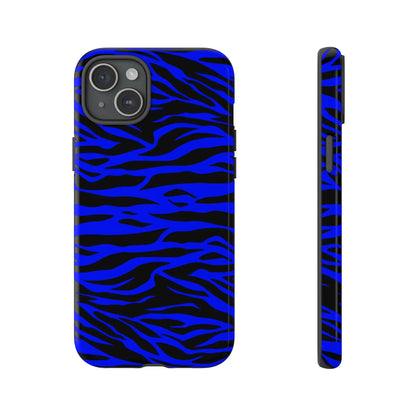 Blue wild tiger print phone case cover showing the back with vibrant blue and black sleek protective design