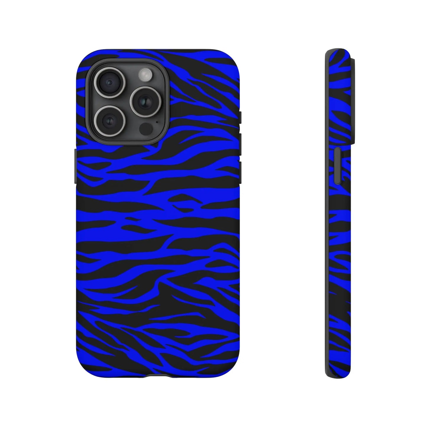 Vibrant blue wild tiger print phone case with sleek protective design showing the back side for iphone galaxy pixel