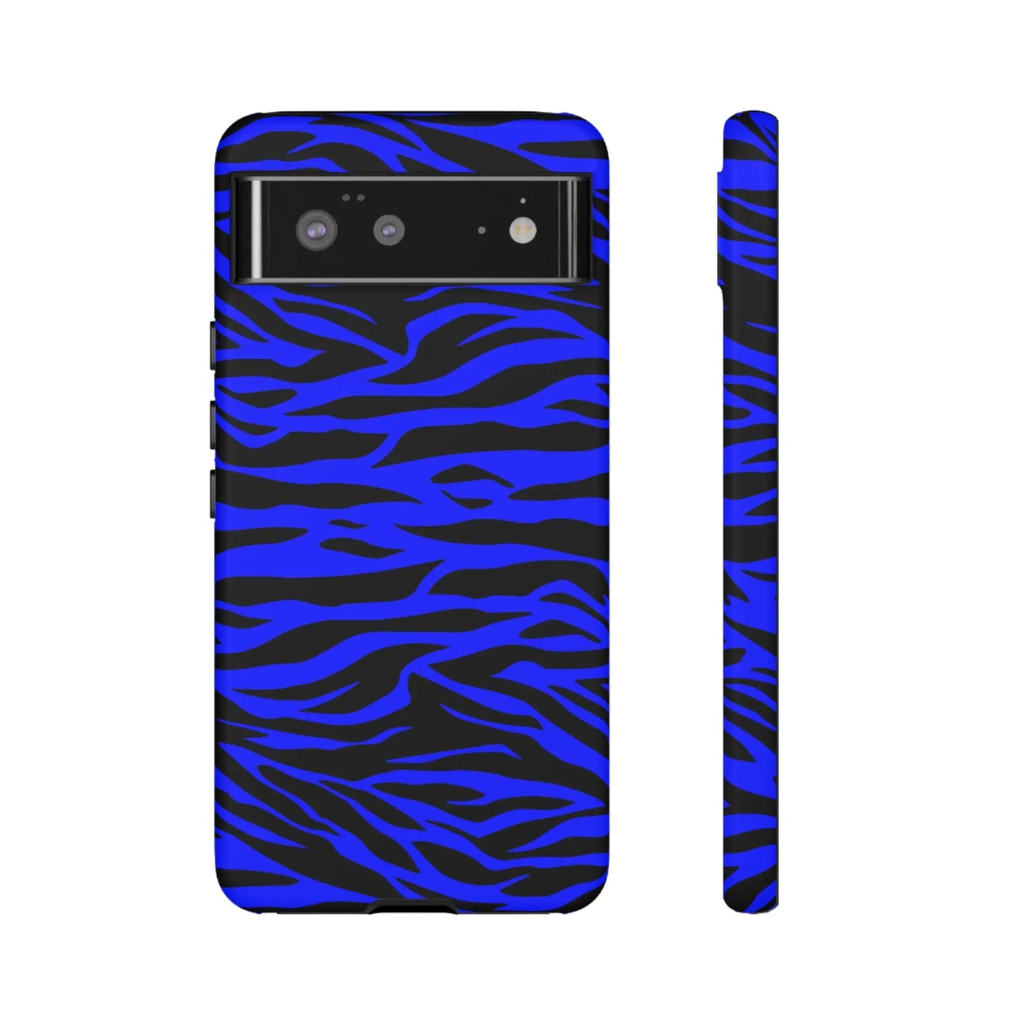 Blue wild tiger print phone case cover with vibrant blue and black zebra stripes and sleek protective design shown from back