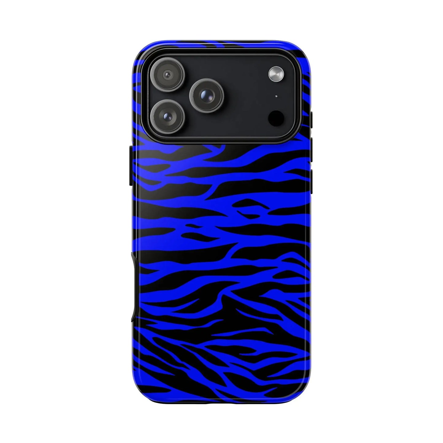 Vibrant blue wild tiger print phone case with blue wild zebra stripes and sleek glossy finish for iphone galaxy and pixel back side