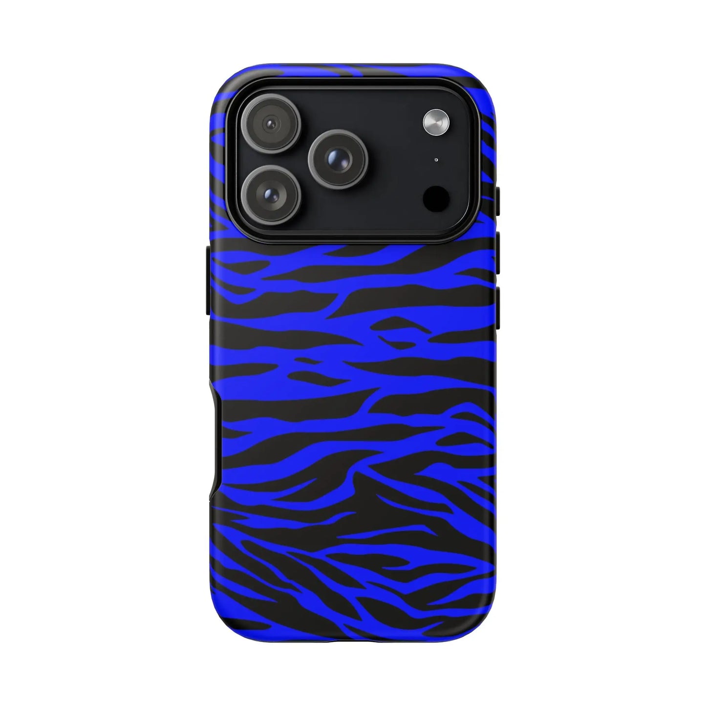 Blue wild tiger print phone case cover with vibrant blue and black zebra-striped protective design shown from back side