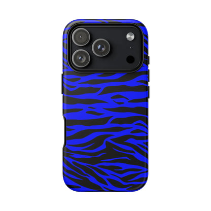 Blue wild tiger print phone case cover with vibrant blue and black zebra-striped protective design shown from back side