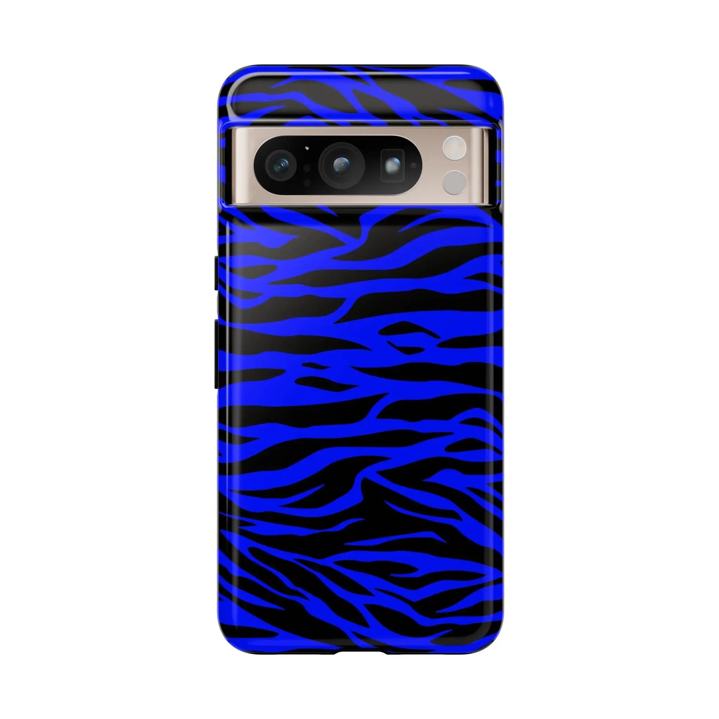 Back side of a glossy blue wild tiger print phone case cover with vibrant blue and black stripes for iPhone Galaxy and Pixel phones