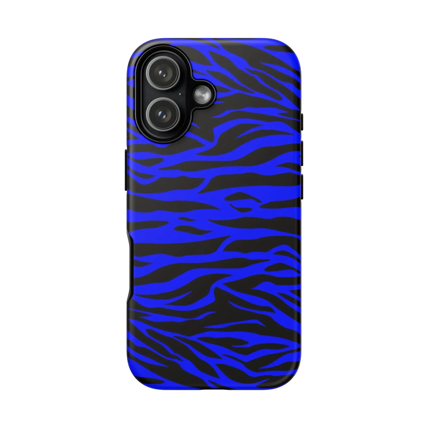 Blue wild tiger print phone case cover for iphone galaxy s and pixel showing vibrant blue and black zebra stripes on back