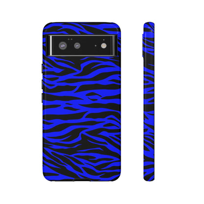Blue wild tiger print phone case cover with vibrant blue and black zebra stripes and sleek protective design back view