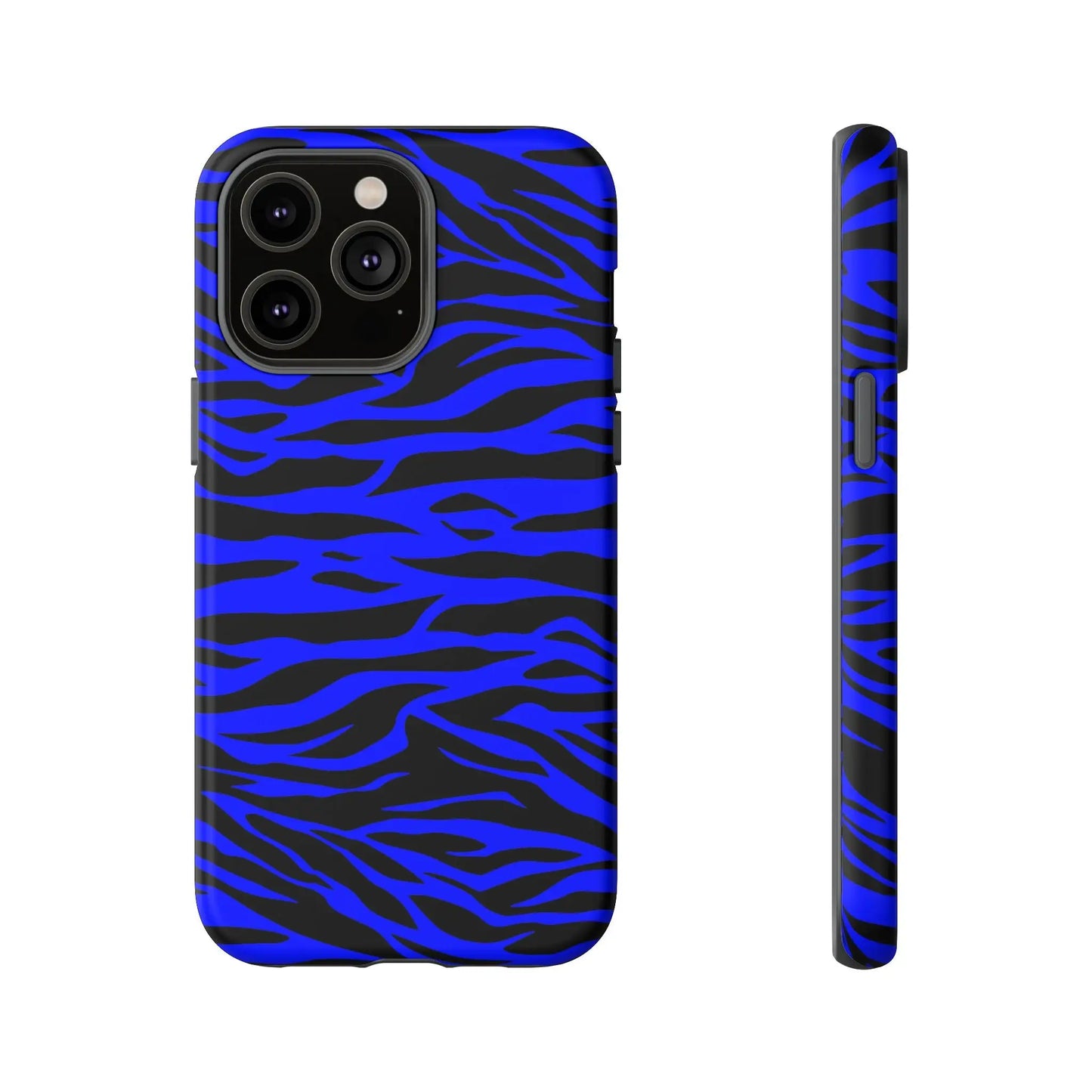 Back side of a vibrant blue wild tiger print phone case with sleek protective design for iphone galaxy s and pixel phones