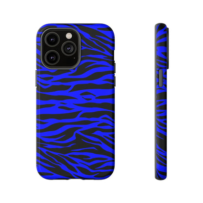 Back side of a vibrant blue wild tiger print phone case with sleek protective design for iphone galaxy s and pixel phones