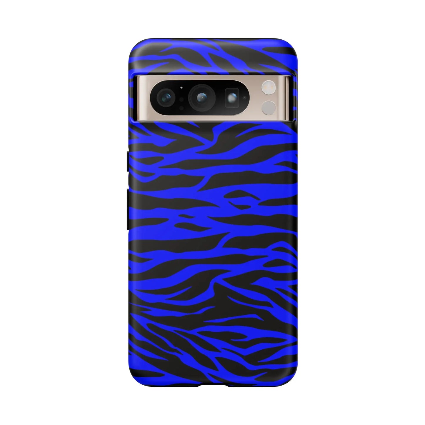 Back side of a vibrant blue wild tiger print phone case cover with black stripes and glossy finish for iphone galaxy and pixel