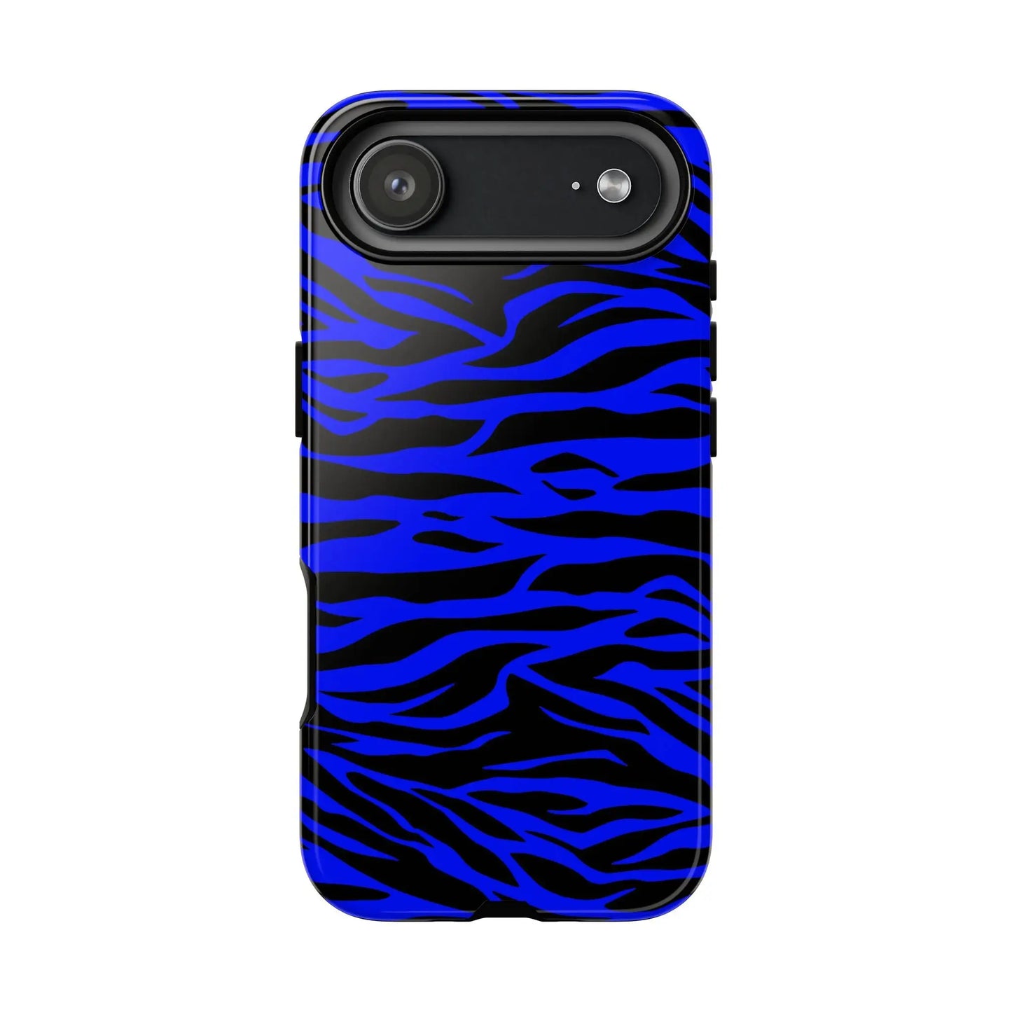 Blue wild tiger print phone case cover showing the back with vibrant blue and black zebra-striped protective design