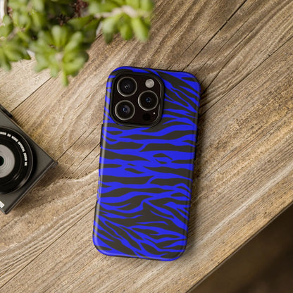 Blue wild tiger print phone case cover featuring vibrant blue and black zebra stripes for iphone galaxy and pixel phones back view