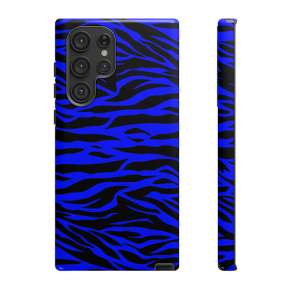 Back side of a vibrant blue wild tiger print phone case cover for samsung galaxy s23 ultra with black stripes