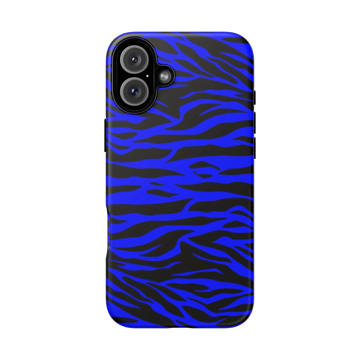 Blue wild tiger print phone case cover for iPhone Galaxy S and Pixel featuring vibrant blue and black zebra stripes on back