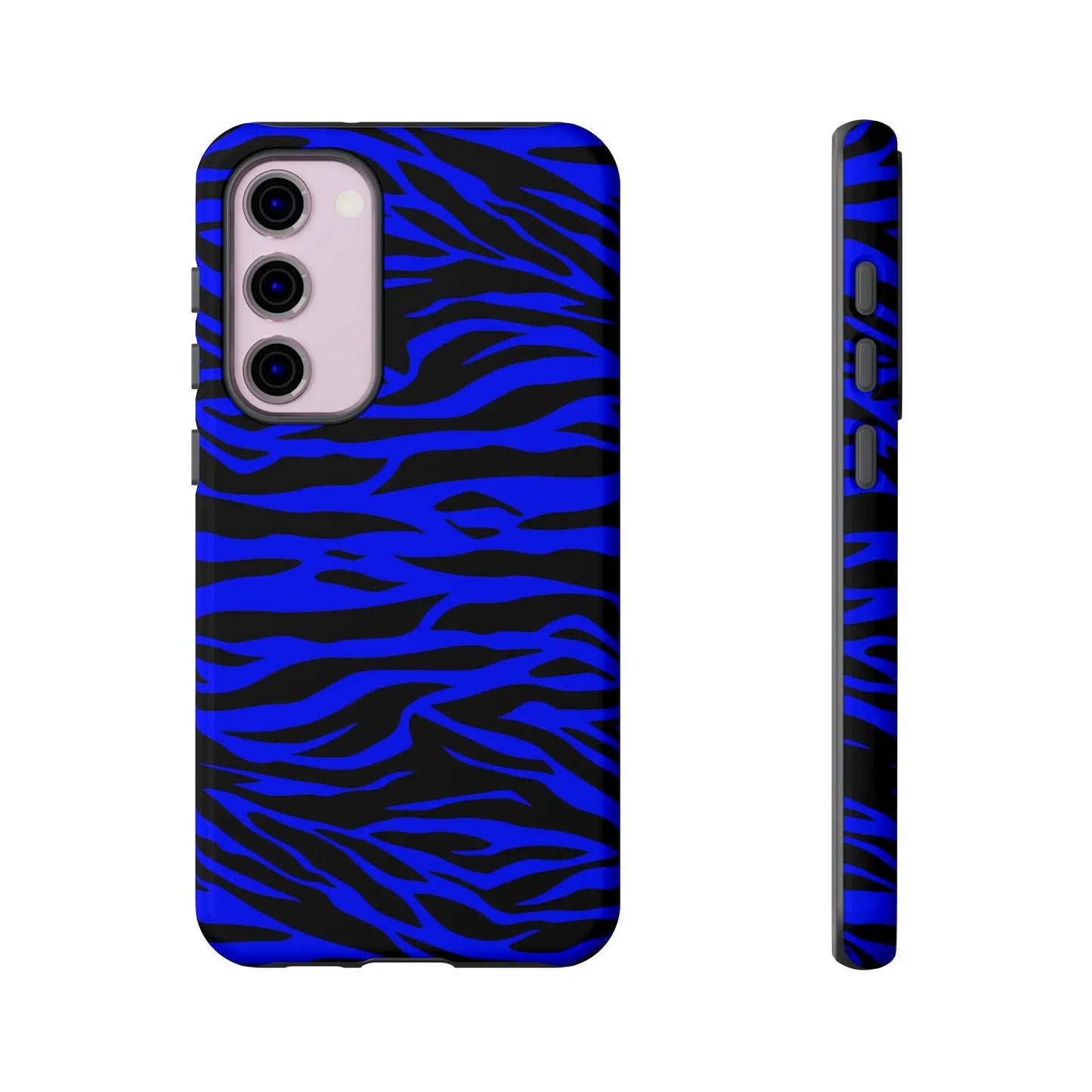 Blue wild tiger print phone case with vibrant blue and black stripes and sleek protective design for iphone galaxy and pixel