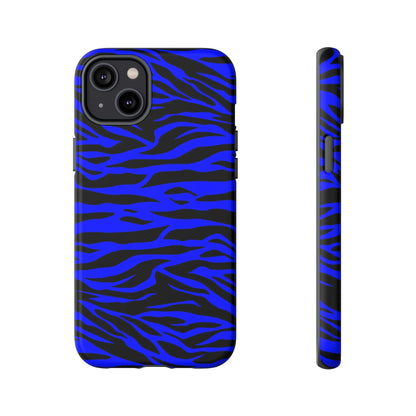 Blue wild tiger print phone case cover for iphone galaxy s and pixel with vibrant blue and black protective design back view