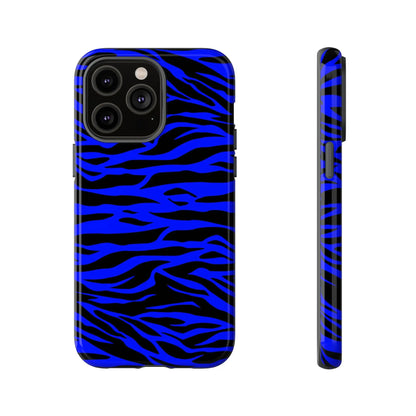 Blue wild tiger print phone case cover showing the back with vibrant blue and black zebra-striped sleek design