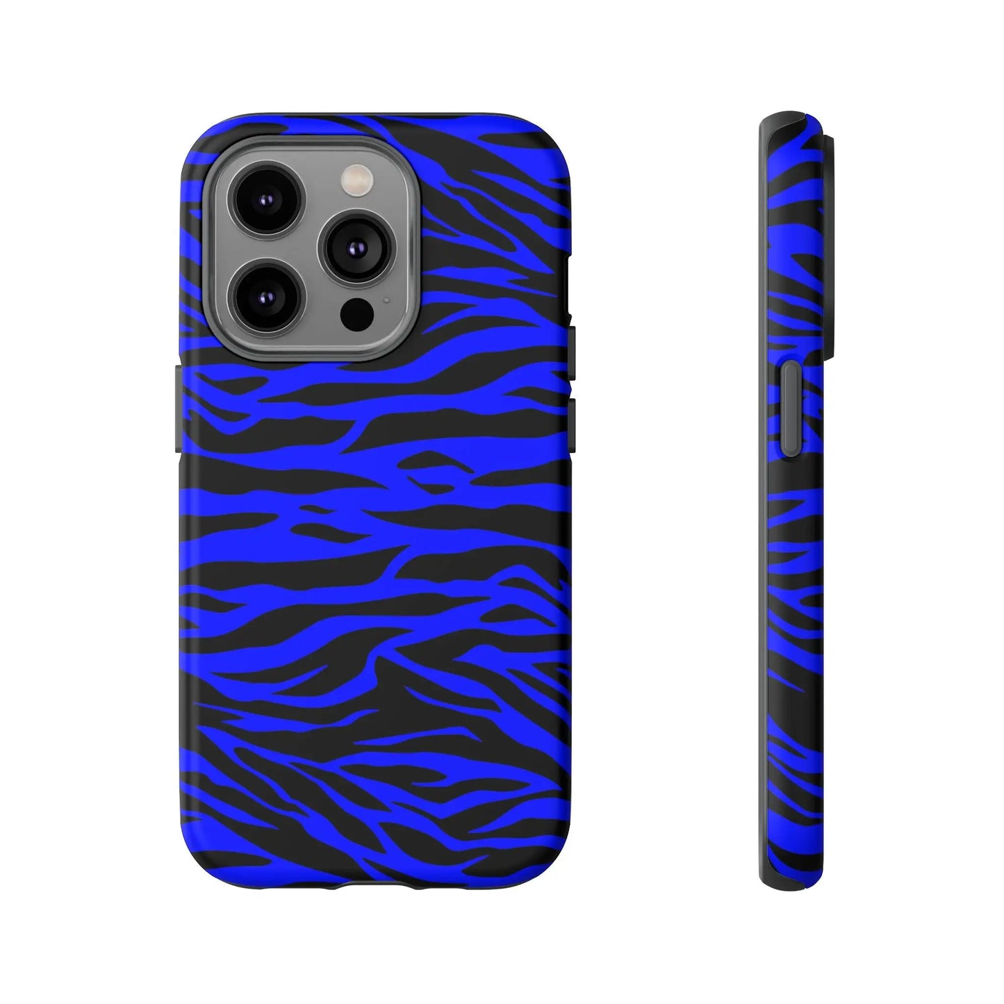 Blue wild tiger print phone case cover for iphone galaxy s and pixel with vibrant blue and black zebra stripes back view