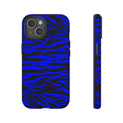 Blue wild tiger print phone case with vibrant blue and black zebra stripes and sleek protective design, back side view