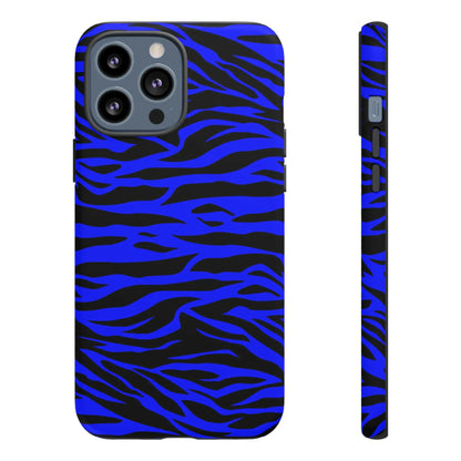 Vibrant blue wild tiger print phone case cover showing the back side for iphone 12 pro max with black stripes