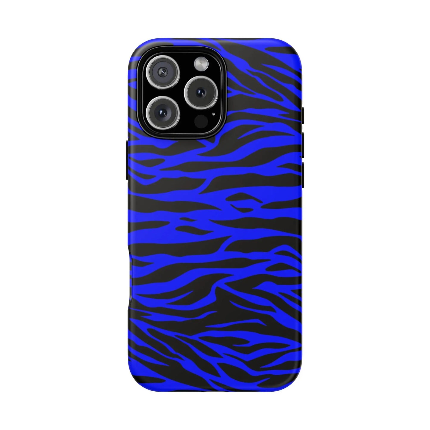 Vibrant blue wild tiger print phone case with black stripes on the back for iphone 12 pro max