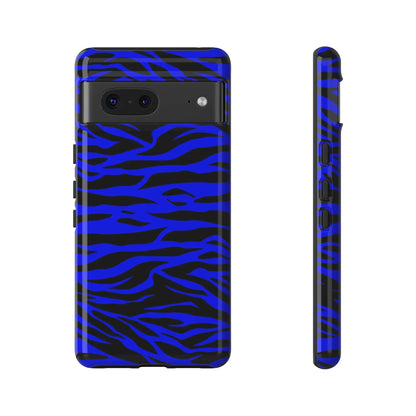 Blue wild tiger print phone case cover for iphone galaxy and pixel phones with glossy blue and black zebra stripes back view