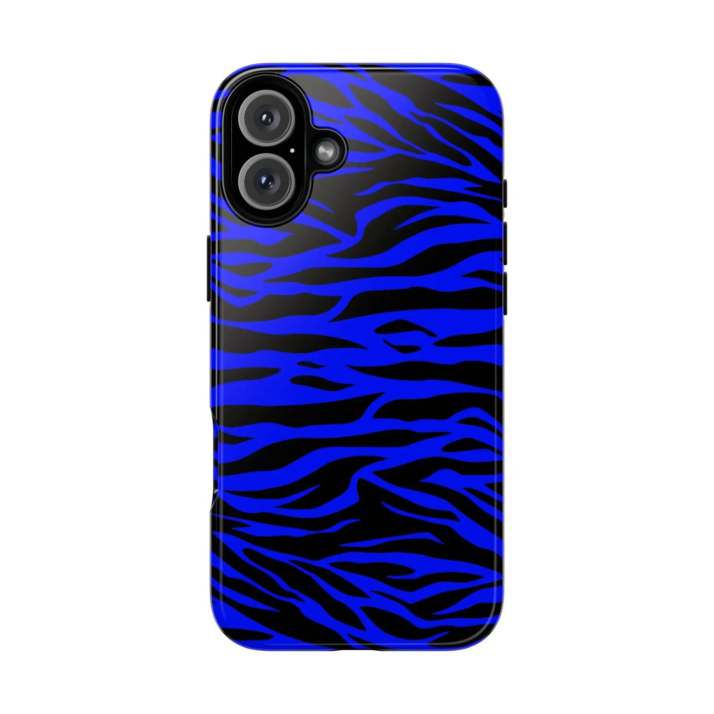 Back side of a blue wild tiger print phone case cover with blue and black zebra stripes for iphone galaxy and pixel phones